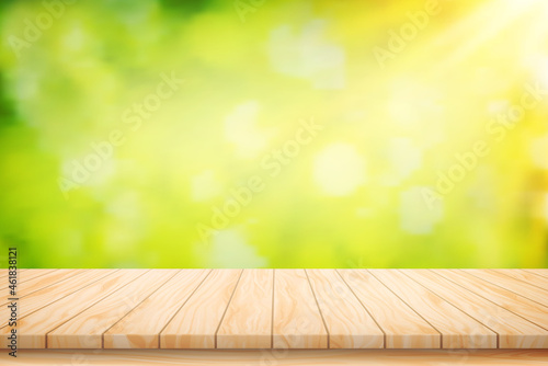 Painted Illustration Vector Wood table floor and beautiful natural green leaf abstract blurred bokeh light background