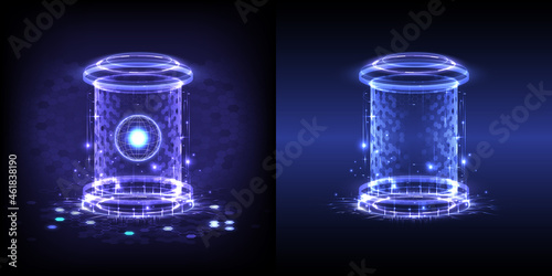 Portal and hologram science futuristic. Lab technology hexagon capsule. Sci-fi digital hi-tech in glowing HUD projector. Magic gate in game fantasy. Circle teleport podium. GUI and UI virtual reality
