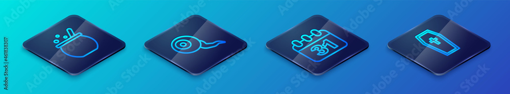 Set Isometric line Halloween date 31 october, witch cauldron, Coffin with christian cross and Eye icon. Vector Set Isometric line Halloween date 31 october, witch cauldron, Coffin with christian cross and Eye icon. Vector