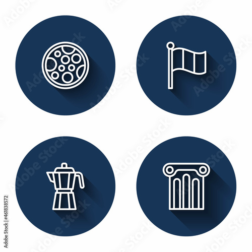 Set line Pizza, Flag Italy, Coffee maker moca pot and Ancient column with long shadow. Blue circle button. Vector