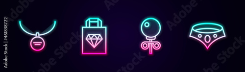 Set line Locket on necklace, Shopping bag jewelry, Stud earrings and Necklace. Glowing neon icon. Vector