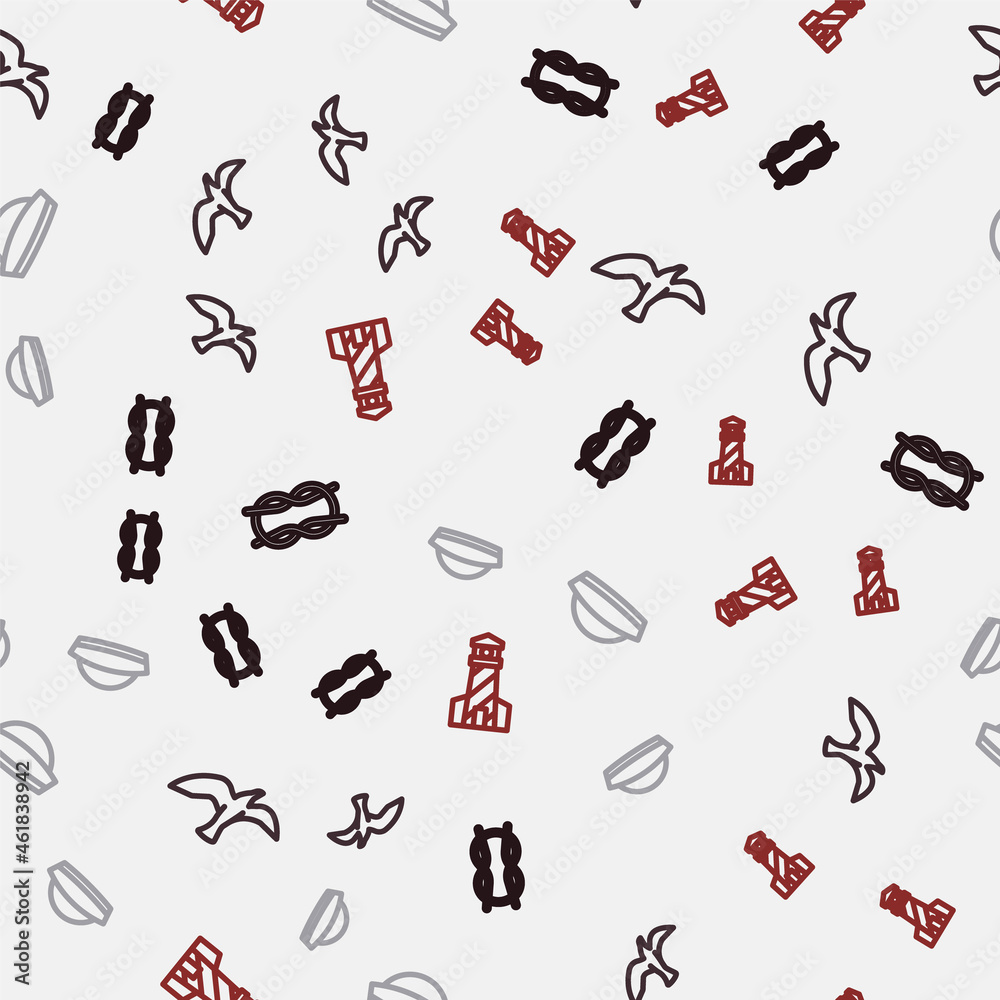Set line Nautical rope knots, Bird seagull, Sailor hat and Lighthouse on seamless pattern. Vector Set line Nautical rope knots, Bird seagull, Sailor hat and Lighthouse on seamless pattern. Vector