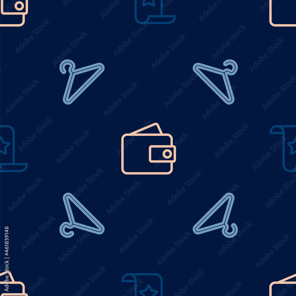 Set line Paper check and financial check, Hanger wardrobe and Wallet on seamless pattern. Vector