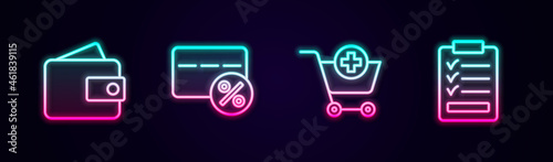 Set line Wallet, Discount card with percent, Add to Shopping cart and Clipboard checklist. Glowing neon icon. Vector
