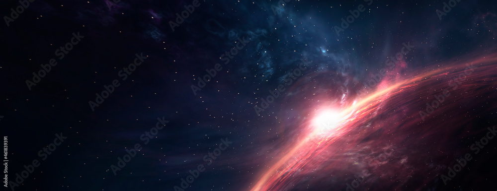 Abstract fantastic space of the universe. Space background with nebula and stars. Dark space background with an unknown planet, flashes of light in space. 3d illustration - obrazy, fototapety, plakaty 