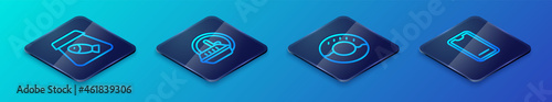 Set Isometric line Donut, Online ordering fish, Food mobile and Round the clock delivery icon. Vector