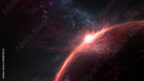 Fototapeta Naklejka Na Ścianę i Meble -  Abstract fantastic space of the universe. Space background with nebula and stars. Dark space background with an unknown planet, flashes of light in space. 3d illustration