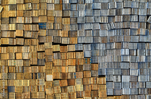 Aerial top-down view blocks of the wooden pallet in a factory