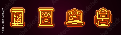 Set line Cryogenic capsules, Radioactive waste in barrel, Internet piracy and Cloud database. Glowing neon icon. Vector
