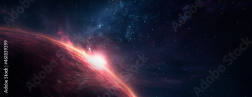 Fototapeta Naklejka Na Ścianę i Meble -  Abstract fantastic space of the universe. Space background with nebula and stars. Dark space background with an unknown planet, flashes of light in space. 3d illustration