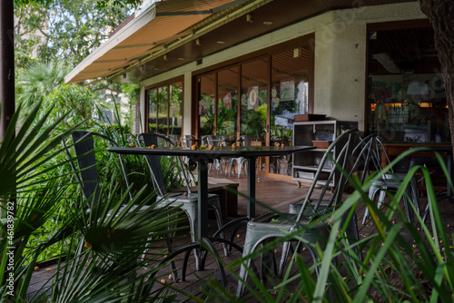 明治神宮外苑のイチョウ並木道路に面したカフェテリア　オープン前の静かな様子　Kita-Aoyama Minato city tokyo, Japan 2021-10-08