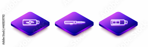 Set Isometric line Battery charge, Soldering iron and icon. Vector