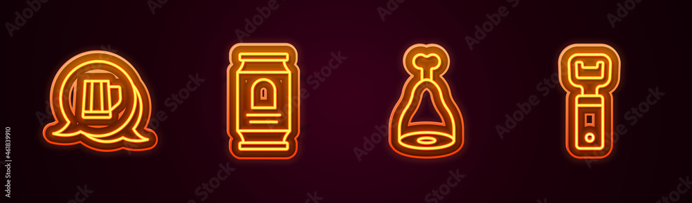 Set line Wooden beer mug, Beer can, Chicken leg and Bottle opener. Glowing neon icon. Vector Set line Wooden beer mug, Beer can, Chicken leg and Bottle opener. Glowing neon icon. Vector