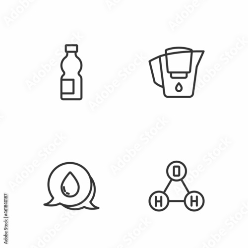 Set line Chemical formula water H2O  Water drop with speech bubbles  Bottle of and jug filter icon. Vector