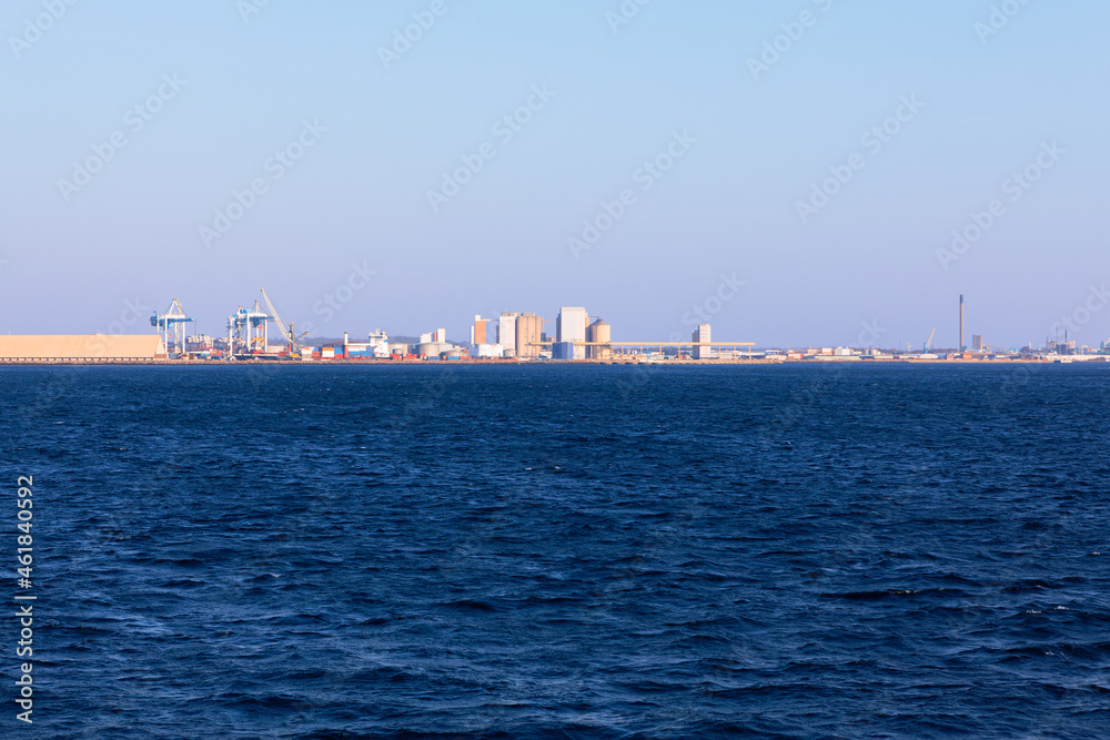 Industrial site of Swedish coast . View of Helsingborg from the  Oresund Strait 