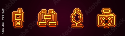 Set line Walkie talkie, Binoculars, Tree and Photo camera. Glowing neon icon. Vector