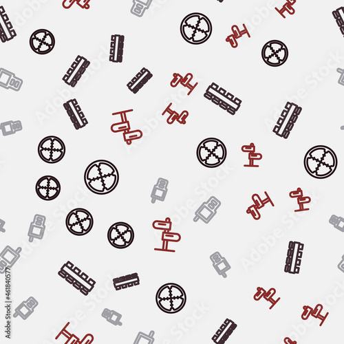Set line Sniper optical sight, Hunting cartridge belt, Walkie talkie and Road traffic sign on seamless pattern. Vector