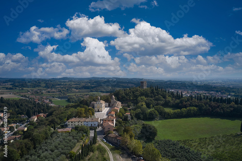Aerial panorama of Solferino, Mantova, Italy. Aerial view of the Museum of Resurgence. Aerial view of the Rocca di Solferino, Mantova. Historic Italian town on the hill, Solferino, Mantova, Italy.