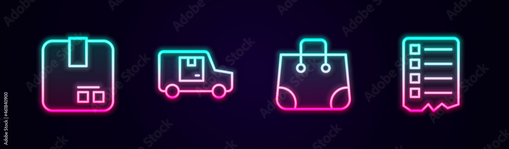 Set line Carton cardboard box, Delivery cargo truck, Paper shopping bag and Shopping list. Glowing neon icon. Vector Set line Carton cardboard box, Delivery cargo truck, Paper shopping bag and Shopping list. Glowing neon icon. Vector
