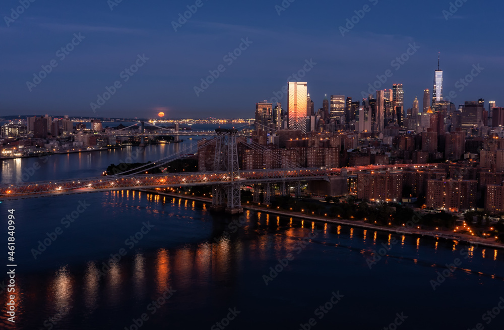 Aerial view on East River with a full moon