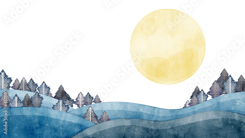 Fototapeta Naklejka Na Ścianę i Meble -  満月の夜の風景手書き水彩風イラスト