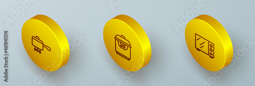 Set Isometric line Cooking pot on fire, Slow cooker and Microwave oven icon. Vector