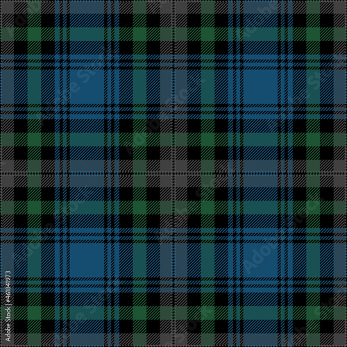 Blue, green and black tartan plaid. Scottish pattern fabric swatch close-up. 