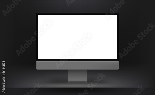 Dark interior with blank computer screen. Vector mocku