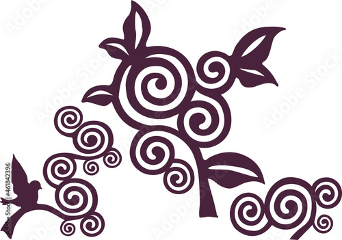 Tree, twig, monograms for pedigree genealogical family tree with birds for photo decoration