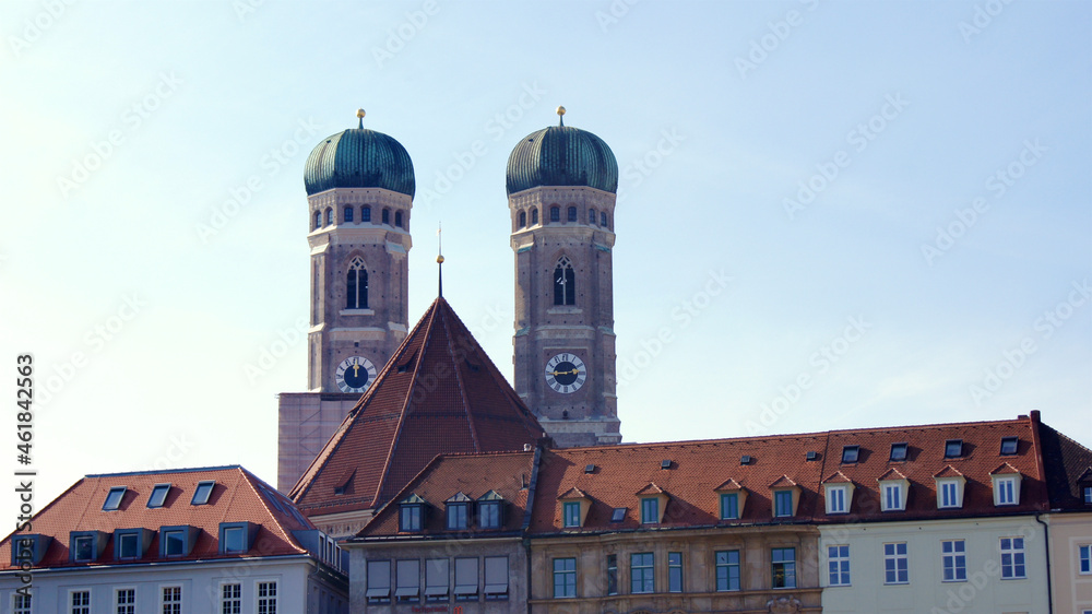 MUNICH, GERMANY - 12 OCT 2015: Towers or spires of the Frauenkirche in the city centre of Munich