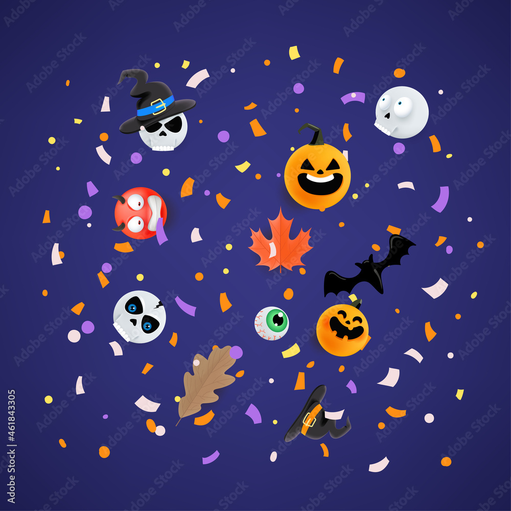 Halloween greeting card concept. Flying paper confetti and holiday accessories Halloween greeting card concept. Flying paper confetti and holiday accessories