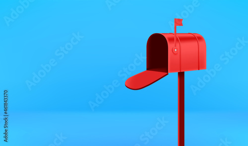Opened red mail box on blue background