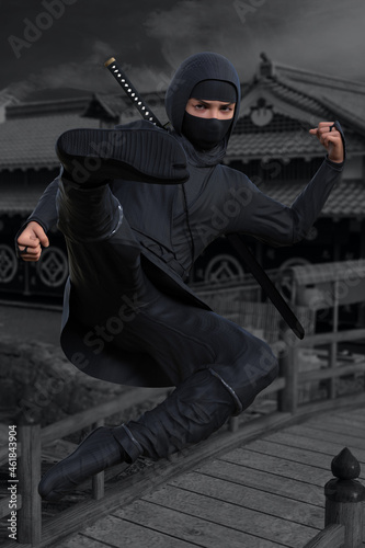 街の川の橋の上で飛び蹴りをする背中に刀を背負った1人の忍者 © iARTS_stock
