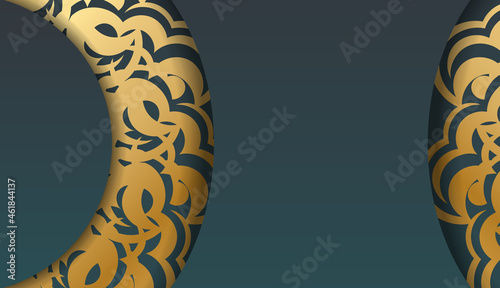 Greeting card template with gradient green color with vintage gold pattern prepared for printing.