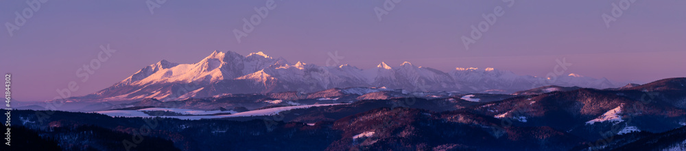 Mountain winter peaks in the rising sun, Tatra Mountains, Poland