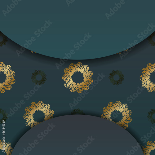 Greeting card template with gradient green color with vintage gold pattern prepared for printing.