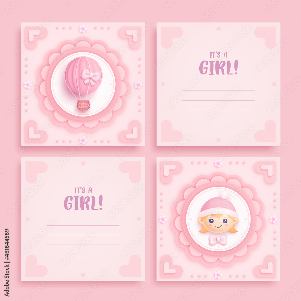 Set of baby shower invitation with cartoon hot air balloon and flowers on pink background. It's a girl. Vector illustration