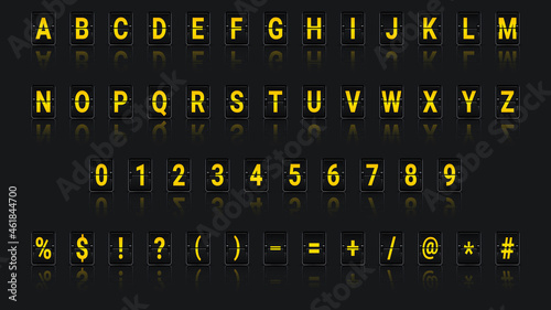 Set of mechanical scoreboards with alfofit, numbers and symbols. Placard with reflection on dark background. Decor elements for retail, trade events. Vector illustration.