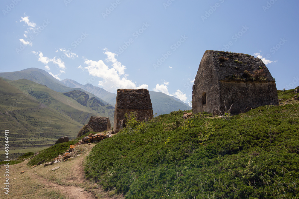 Medieval necropolis near the village of Eltyubu in Kabardino-Balkaria in summer