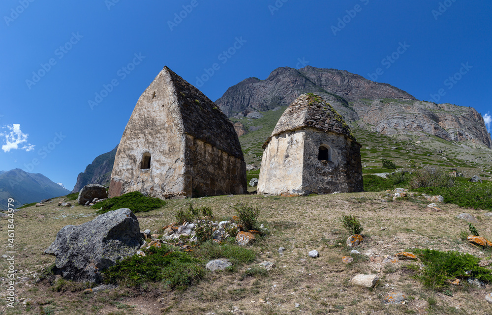 Medieval necropolis near the village of Eltyubu in Kabardino-Balkaria in summer