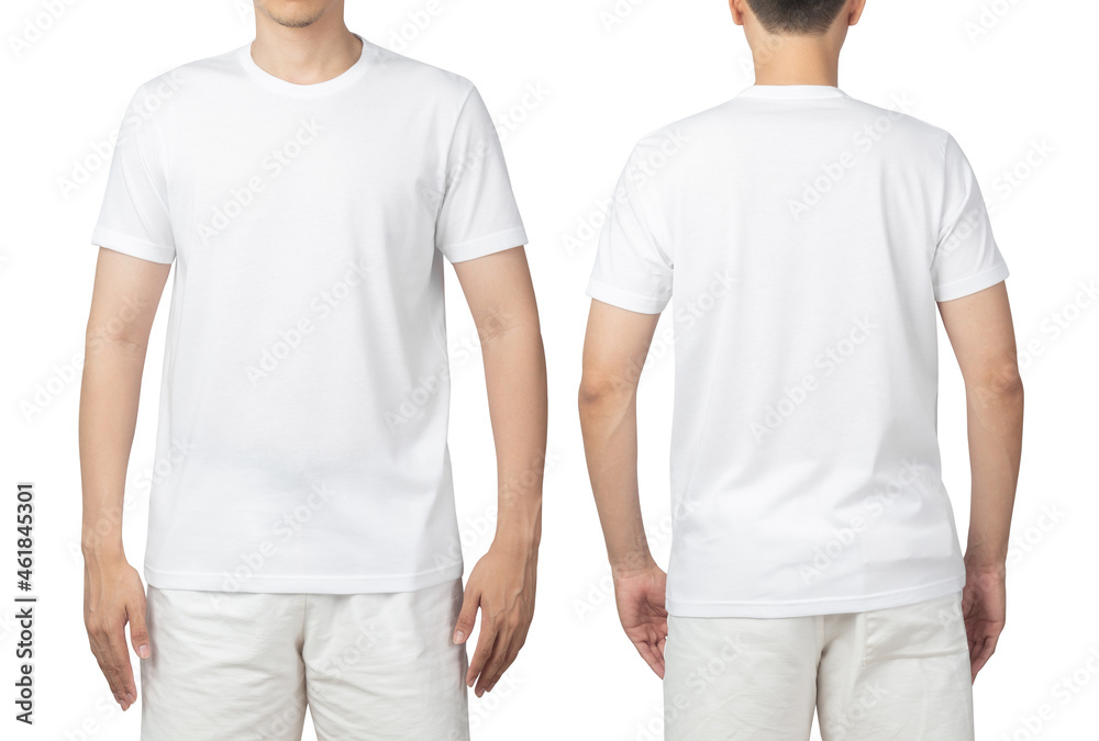 Young man in blank white t-shirt mockup front and back used as design ...
