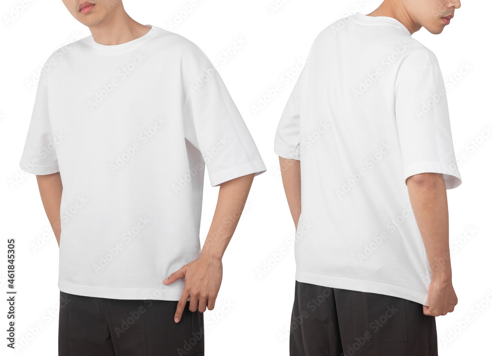 Young man in blank oversize t-shirt mockup front and back used as ...