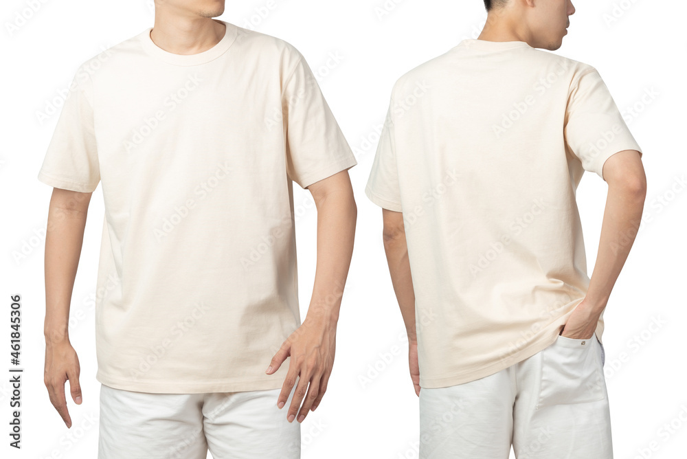 Young man in blank beige t-shirt mockup front and back used as design template, isolated on white background with clipping path. - obrazy, fototapety, plakaty 