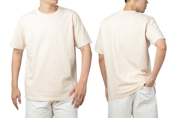 Young man in blank beige t-shirt mockup front and back used as design template, isolated on white background with clipping path.