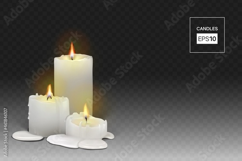 Set of realistic burning white candles on a transparent background. 3d candles with melting wax, flame and halo of light. Vector illustration with mesh gradients. EPS10.