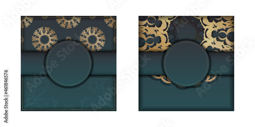 Greeting Brochure template with gradient green color with abstract gold pattern prepared for printing.