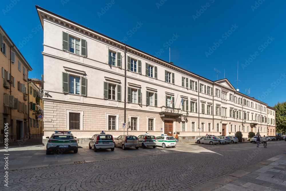 Cuneo, Piedmont, Italy - October 6, 2021: Via Roma (Rome Street), building with the municipal police headquarters, Auditorum San Giovanni and municipal offices
