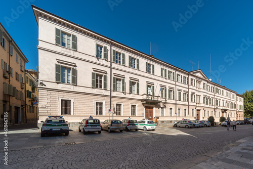 Cuneo, Piedmont, Italy - October 6, 2021: Via Roma (Rome Street), building with the municipal police headquarters, Auditorum San Giovanni and municipal offices