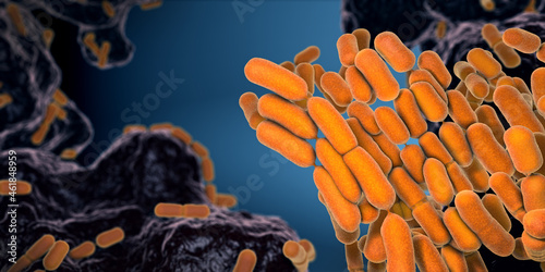 Yellow colored Escherichia coli bacteria found in the intestine and feces - 3d illustration photo