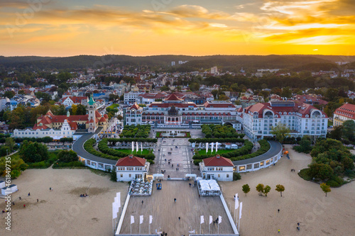 Beautiful architecture of Sopot city by the Baltic Sea at sunset, Poland.